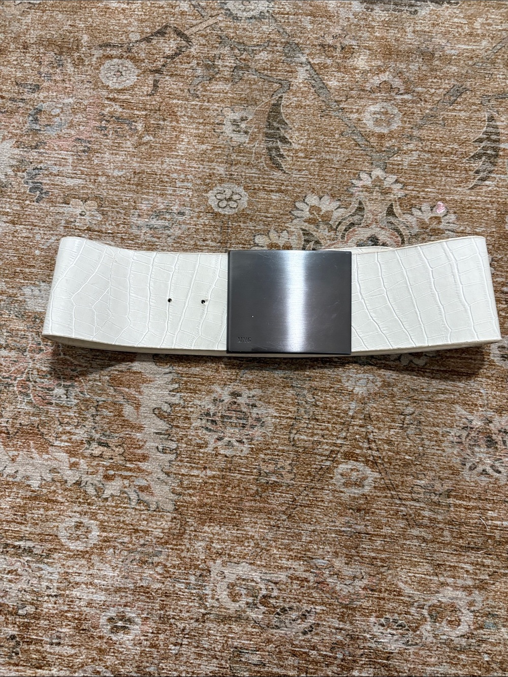 Mango White Croc-Embossed Wide Belt with Silver Buckle